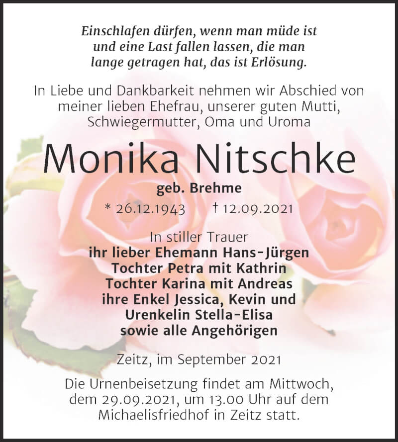  Traueranzeige für Monika Nitschke vom 18.09.2021 aus Trauerkombi Zeitz