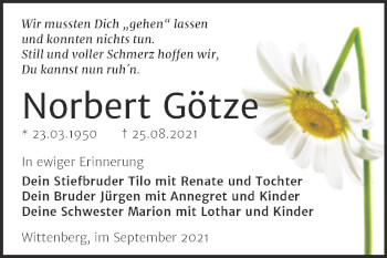 Traueranzeige von Norbert Götze von Trauerkombi Wittenberg