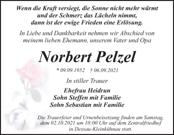 Traueranzeige von Norbert Pelzel von Trauerkombi Dessau