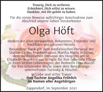 Traueranzeige von Olga Höft von Mitteldeutsche Zeitung Halle/Saalkreis
