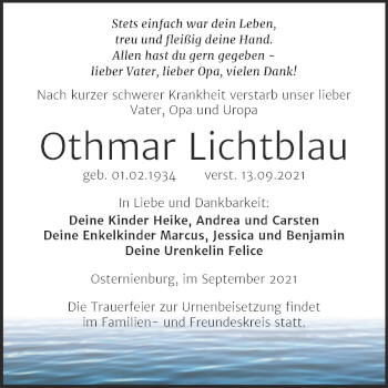 Traueranzeige von Othmar Lichtblau von Trauerkombi Köthen