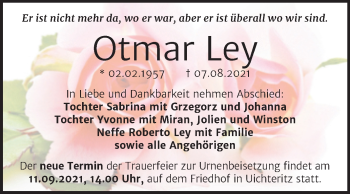 Traueranzeige von Otmar Ley von Trauerkombi Weißenfels