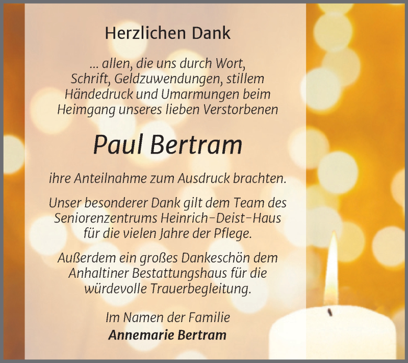  Traueranzeige für Paul Bertram vom 04.09.2021 aus Trauerkombi Dessau