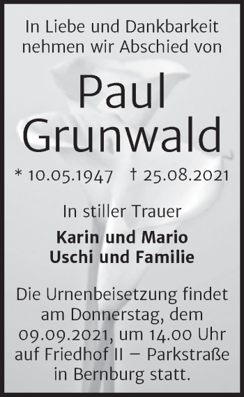 Traueranzeige von Paul Grunwald von Trauerkombi Bernburg