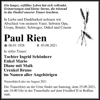 Traueranzeige von Paul Rien von Trauerkombi Wittenberg