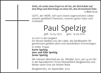 Traueranzeige von Paul Spelzig von Trauerkombi Wittenberg
