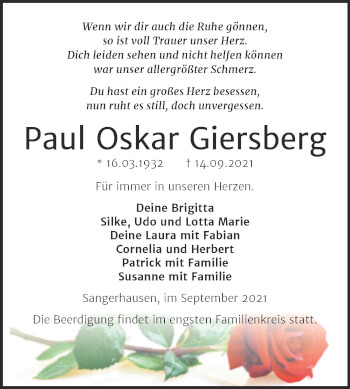 Traueranzeige von Paul Oskar Giersberg von Trauerkombi Sangerhausen