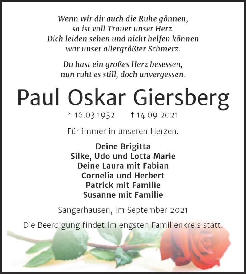  Traueranzeige für Paul Oskar Giersberg vom 18.09.2021 aus Trauerkombi Sangerhausen