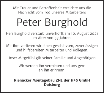 Traueranzeige von Peter Burghold von Mitteldeutsche Zeitung Mansfelder Land