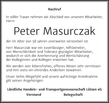 Traueranzeige von Peter Masurczak von Mitteldeutsche Zeitung Weißenfels