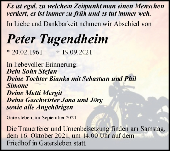 Traueranzeige von Peter Tugendheim von Trauerkombi Aschersleben