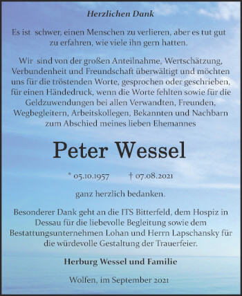 Traueranzeige von Peter Wessel von Trauerkombi Bitterfeld