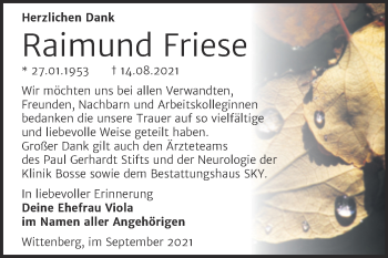 Traueranzeige von Raimund Friese von Trauerkombi Wittenberg