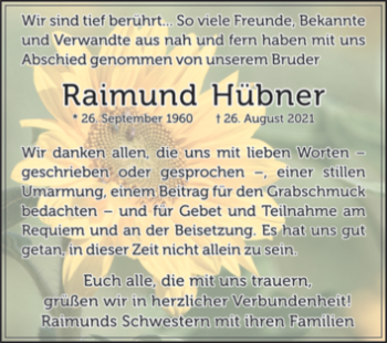 Traueranzeige von Raimund Hübner von Trauerkombi Dessau