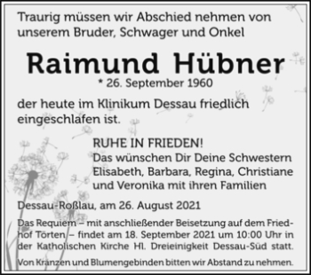 Traueranzeige von Raimund Hübner von Trauerkombi Dessau