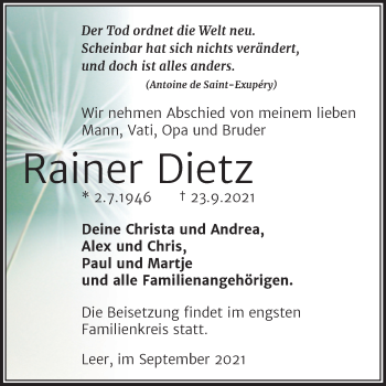Traueranzeige von Rainer Dietz von Mitteldeutsche Zeitung Aschersleben