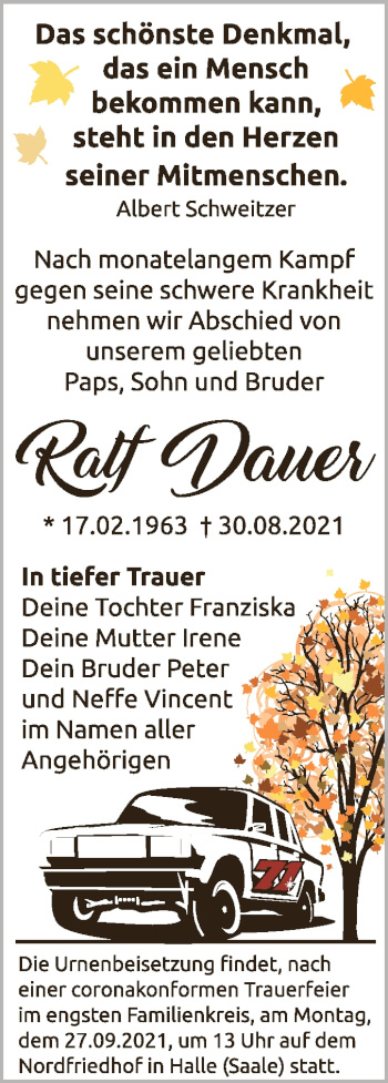 Traueranzeige von Ralf Dauer von Mitteldeutsche Zeitung Halle/Saalkreis