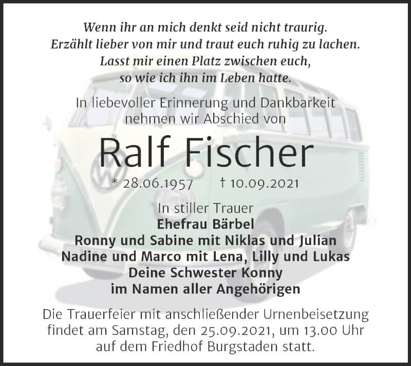  Traueranzeige für Ralf Fischer vom 18.09.2021 aus Trauerkombi Merseburg