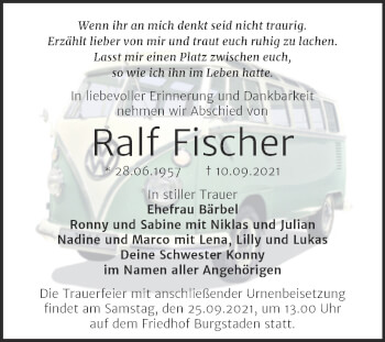 Traueranzeige von Ralf Fischer von Trauerkombi Merseburg
