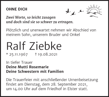 Traueranzeige von Ralf Ziebke von Wochenspiegel Wittenberg