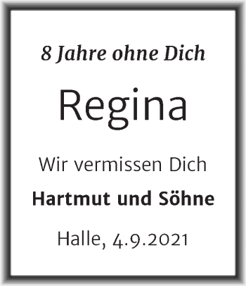 Traueranzeige von Regina  von Mitteldeutsche Zeitung Halle/Saalkreis