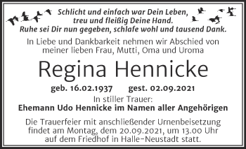 Traueranzeige von Regina Hennicke von Mitteldeutsche Zeitung Halle/Saalkreis