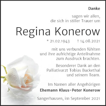 Traueranzeige von Regina Konerow von Trauerkombi Sangerhausen
