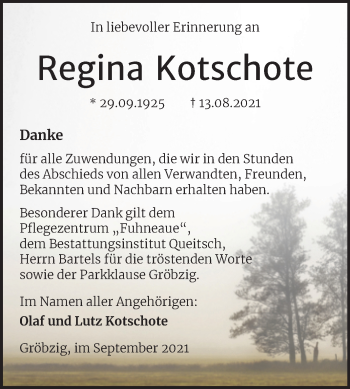 Traueranzeige von Regina Kotschote von Trauerkombi Köthen