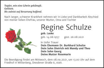 Traueranzeige von Regine Schulze von Trauerkombi Wittenberg