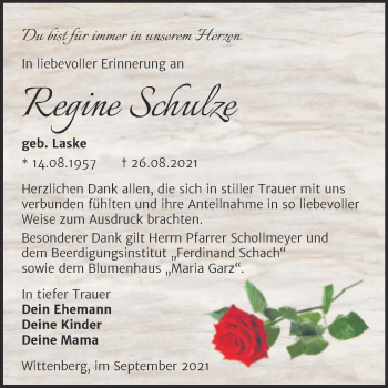 Traueranzeige von Regine Schulze von Trauerkombi Wittenberg