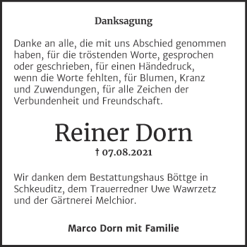 Traueranzeige von Reiner Dorn von Trauerkombi Merseburg