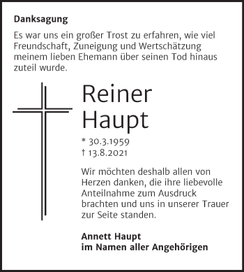 Traueranzeige von Reiner Haupt von Mitteldeutsche Zeitung Halle/Saalkreis
