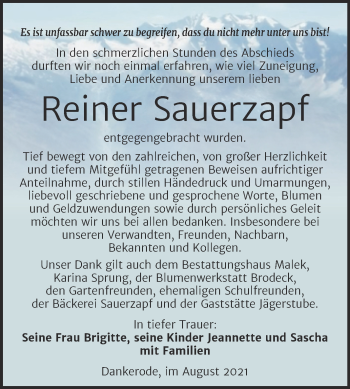 Traueranzeige von Reiner Sauerzapf von Trauerkombi Quedlinburg