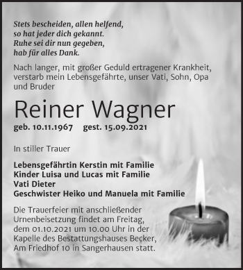 Traueranzeige von Reiner Wagner von Trauerkombi Sangerhausen