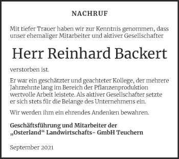 Traueranzeige von Reinhard Backert von Wochenspiegel Weißenfels