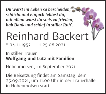 Traueranzeige von Reinhard Backert von Trauerkombi Weißenfels