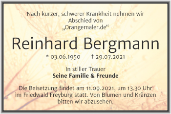 Traueranzeige von Reinhard Bergman von Mitteldeutsche Zeitung Weißenfels
