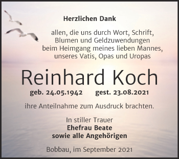 Traueranzeige von Reinhard Koch von Trauerkombi Bitterfeld