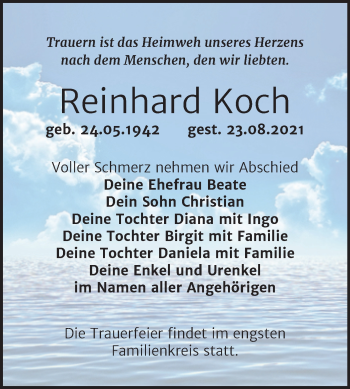 Traueranzeige von Reinhard Koch von Trauerkombi Bitterfeld