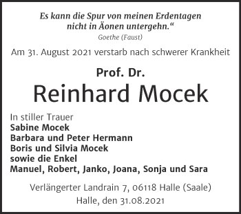 Traueranzeige von Reinhard Mocek von Mitteldeutsche Zeitung Halle/Saalkreis