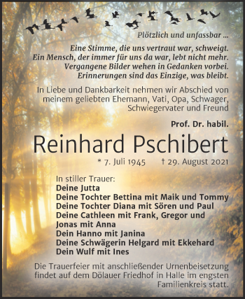 Traueranzeige von Reinhard Pschibert von Mitteldeutsche Zeitung Halle/Saalkreis