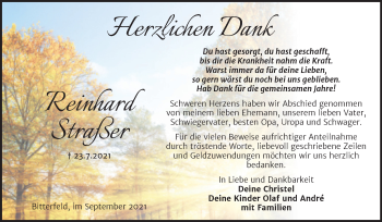 Traueranzeige von Reinhard Straßer von Trauerkombi Bitterfeld