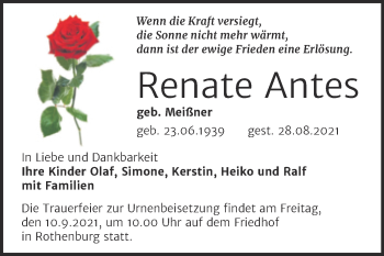 Traueranzeige von Renate Antes von Mitteldeutsche Zeitung Halle/Saalkreis