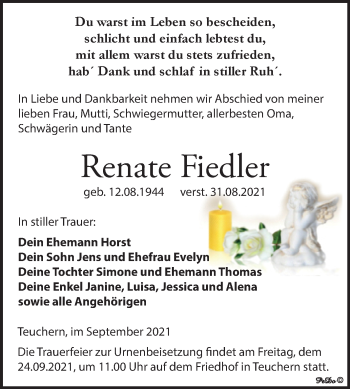 Traueranzeige von Renate Fiedler von Trauerkombi Weißenfels