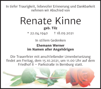 Traueranzeige von Renate Kinne von Trauerkombi Bernburg