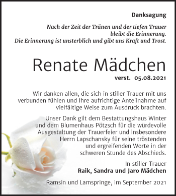 Traueranzeige von Renate Mädchen von Trauerkombi Bitterfeld