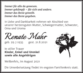 Traueranzeige von Renate Mahr von Trauerkombi Weißenfels