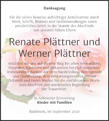 Traueranzeige von Renate und Werner  Plättner von Trauerkombi Quedlinburg