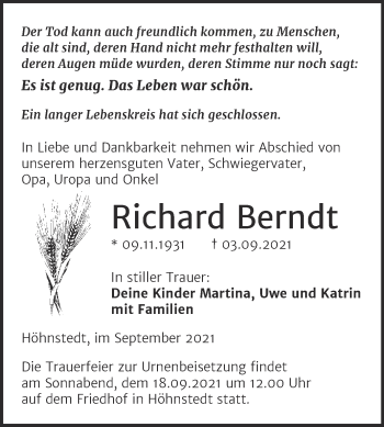 Traueranzeige von Richard Berndt von Mitteldeutsche Zeitung Halle/Saalkreis