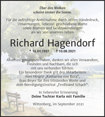 Traueranzeige von Richard Hagendorf von Trauerkombi Wittenberg